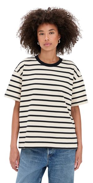 Good American Cotton Oversized Tee Black/Ecru Wide Stripe XS