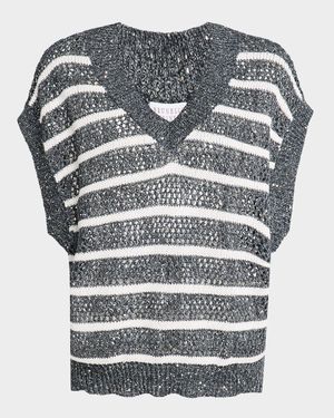 Antibes Striped Paillette Open-Knit Sleeveless Sweater