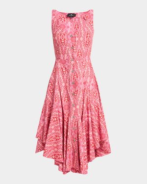 Pink Medallion Button-Front Cotton Poplin Dress