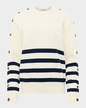 Buttoned-Sleeve Striped Crewneck Sweater