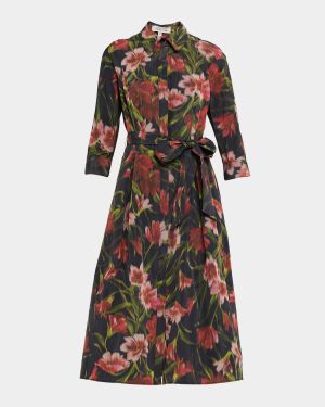 Taffeta Faille Hazy Floral-Print Midi Shirtdress