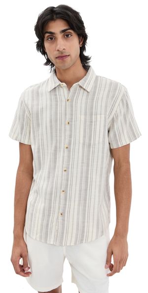 Marine Layer Classic Stretch Selvage Shirt Cream/Olive Stripe S