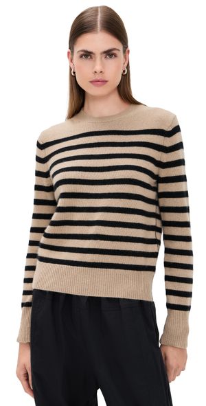 White & Warren Cashmere Striped Crewneck Khaki/Black L