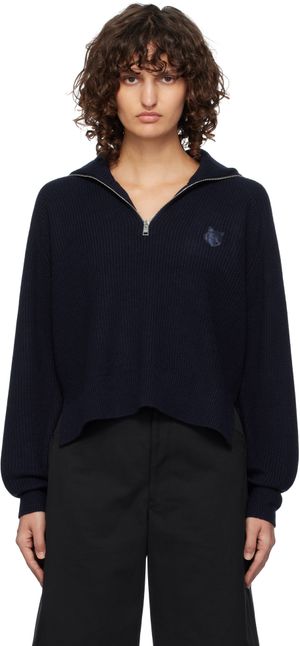 Maison Kitsuné Navy Bold Fox Head Patch Half Zip Ribbed Sweater