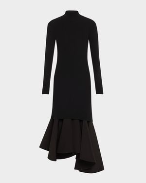 Asymmetric Mixed-Media Turtleneck Midi Dress