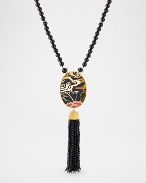 Tibetan Rose Oval Marquetry Lariat Necklace with Diamonds and Onyx