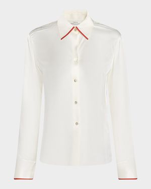 Tipped Slim Silk Long-Sleeve Blouse