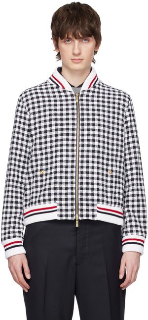 Thom Browne Navy & White Gingham Bomber Jacket
