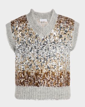 Multi-Size Degrade Pailette Mohair V-Neck Sweater
