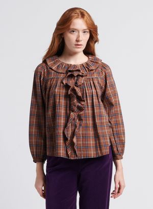 Bellepiece - Blouse col rond volanté à carreaux en coton - Taille M - Marron