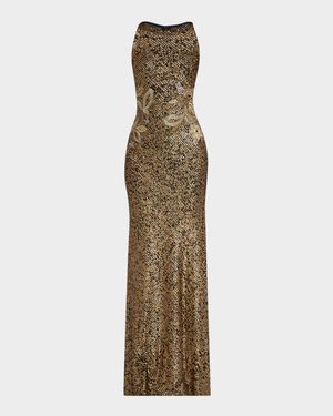 Metallic Sequined Floral Halter Gown