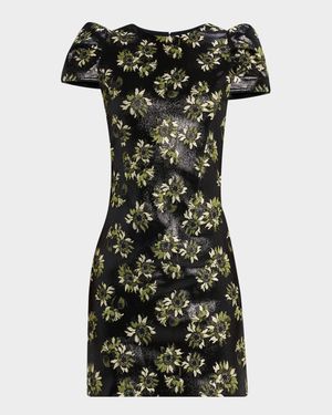 Lacquered Sunflower Jacquard Puff-Sleeve Mini Dress