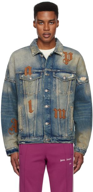Palm Angels Blouson bleu en denim à écussons à logo surdimensionnés