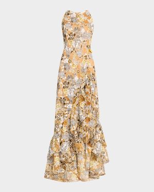 Sicilia Sleeveless Floral-Print Ruffle Gown