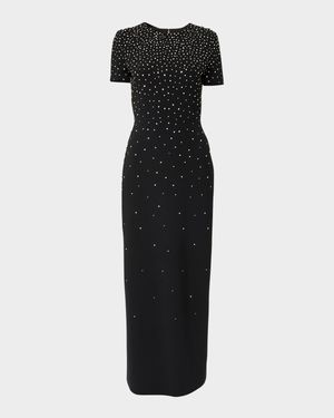 Embellished Short-Sleeve Bow-Back Gown