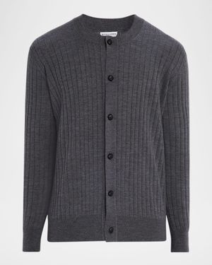 Men's Ribbed Wool Cardigan with Leather Buttons