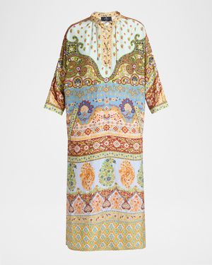 Paisley-Print Silk Lace-Up Midi Dress