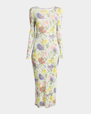 Floral Printed Mesh Tube Long Sleeve Midi Dress