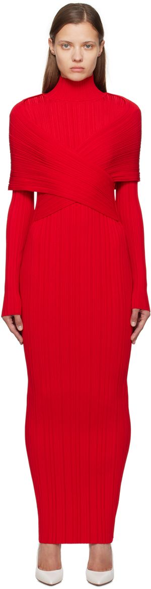 Balmain Robe longue rouge à plis en tricot côtelé