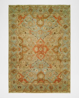 Damask on Blue Hand-Knotted Oushak Rug, 6' x 9'