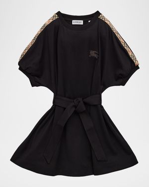 Girl's Check-Trim Cotton T-Shirt Dress, Size 3-14