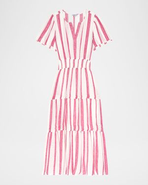 Cannes Stripe Short-Sleeve Midi Dress