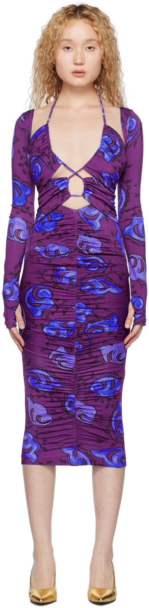 Versace Jeans Couture Robe midi mauve à effet ruché