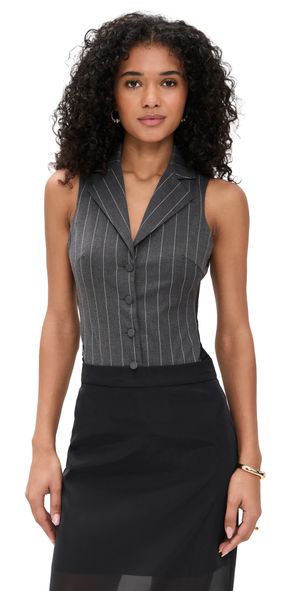 Fleur du Mal Maxwell Bodysuit Dark Grey Pinstripe XS