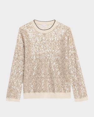 Linen-Silk Paillette Open Knit Crewneck Sweater