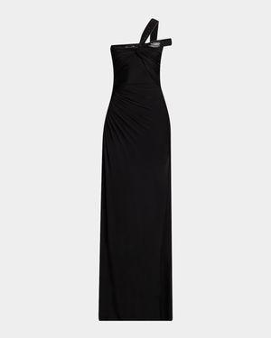 Sequin Twisted One-Shoulder Jersey Slit Gown