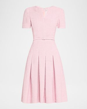 Short-Sleeve Metallic Check Tweed Flare Dress With Belt