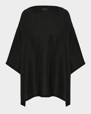 Silk Plisse Wide A-Line Scoop-Neck Top (Long Length)