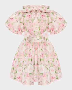 Girl's Floral Puff-Sleeve Dress with Bow, Size 3T-12