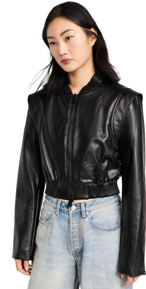 SIMKHAI Doreen Luxe Vegan Leather Boxy Bomber Jacket Black M