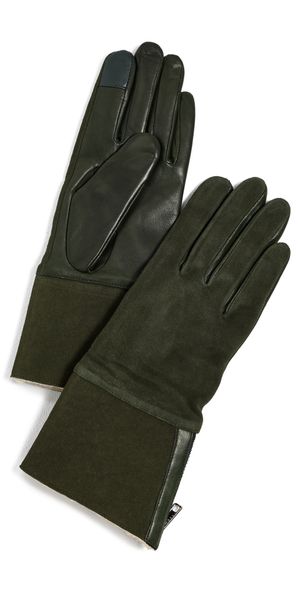 Carolina Amato Suede Back Shearling Cuff & Side Zipper Gloves Olive M