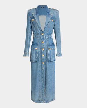 Belted Pocket Detail V-Neck Denim Midi Dress