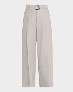 Chambray Belted Wide-Leg Cropped Pants