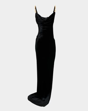 Button Cowl-Neck Velvet Slit Maxi Dress