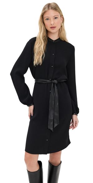 Vince Shirt Dress with Faux Leather Trim Black L
