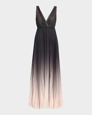Deep V-Neck Pleated Ombre Gown
