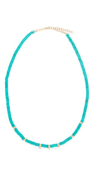 Zoe Chicco 14k Gold & Turquoise Rondelle Bead Necklace with 3 Prong Diamonds Turquoise One Size