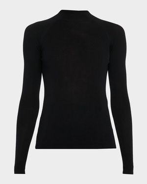 Mock-Neck Merino Silk Micro Rib Knit T-Shirt