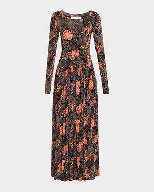 Amal Printed Long-Sleeve Jersey Maxi Dress