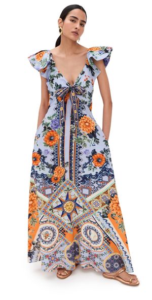 Camilla Tie Front Frill Sleeve Long Dress Luscious In Lisbon S