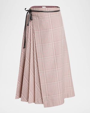 Check Pleated Midi Wrap Skirt