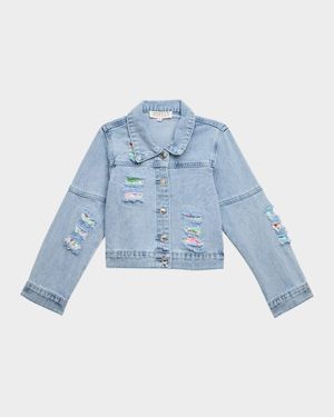 Girl's Distressed Denim Jacket W/ Patches, Size 4-14