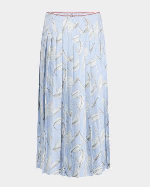 Feather-Print Silk Twill Pleated Midi Skirt