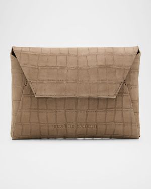 Duo Mini Croc-Embossed Suede Pouchette Clutch Bag