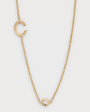 14K Gold Asymmetrical Initial and Bezel Diamond Necklace, 16-18"L