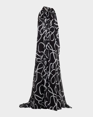 Lyle Brushstroke-Print Chiffon Halter Gown